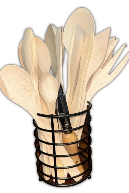 12 Parça Metal Standlı Ahşap Kaşık, Tahta Spatula, Kepçe, Ağaç Çatal, Soyacak, Maşa ve Et Maşa Seti