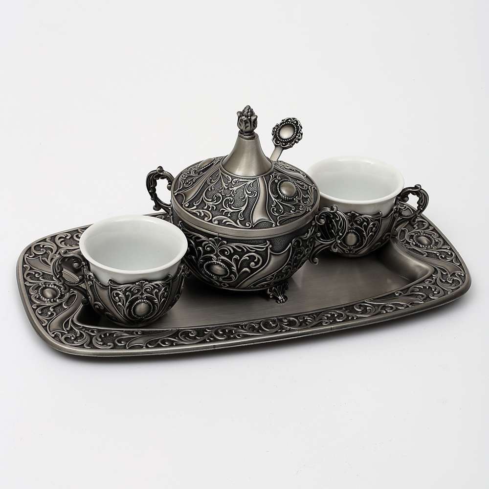 hed0599pwt.jpg 2 Kişilik Eskitme Gümüş Telkari Kahve Takımı - Görsel 1